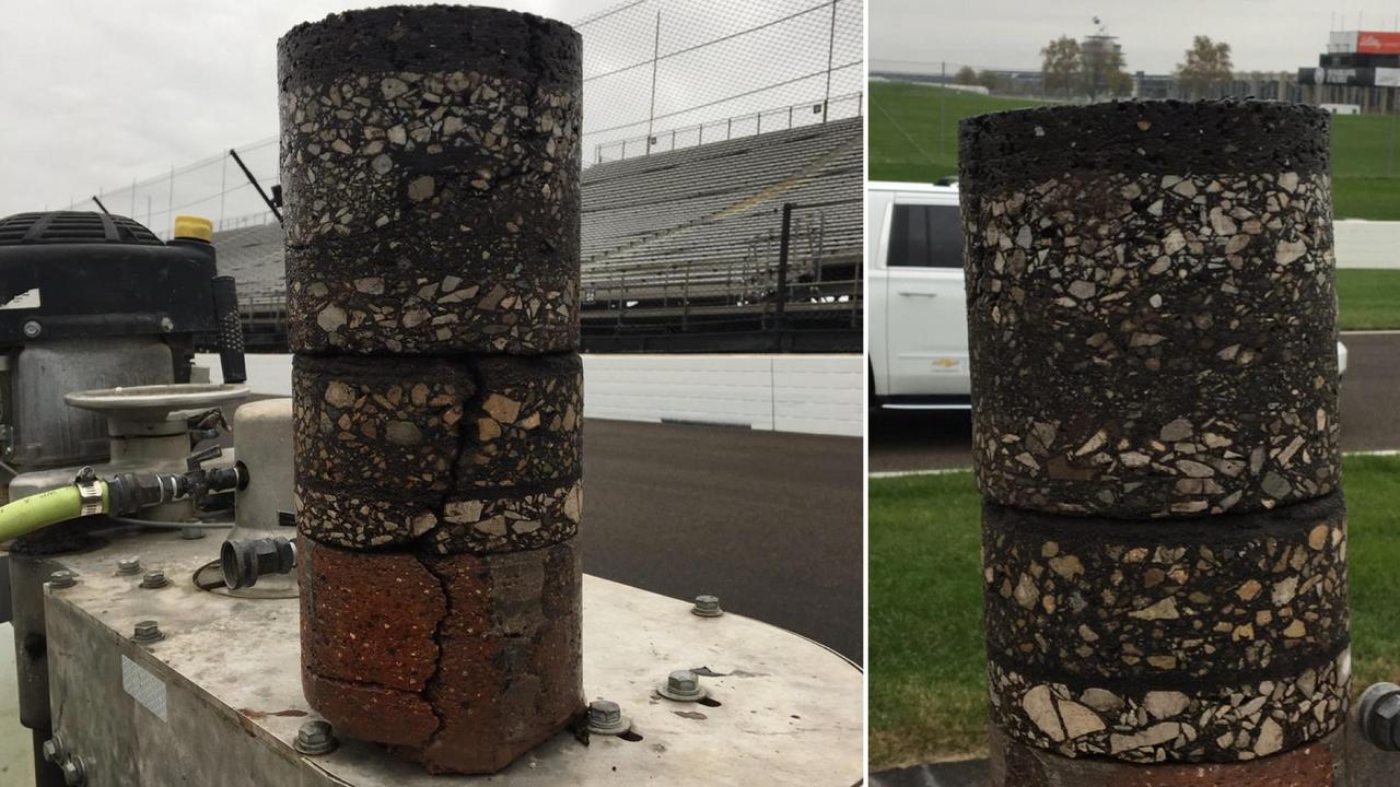 Core sample of the track from the Indianapolis Motor Speedway, showing 108 years of paving history, starting with bricks.