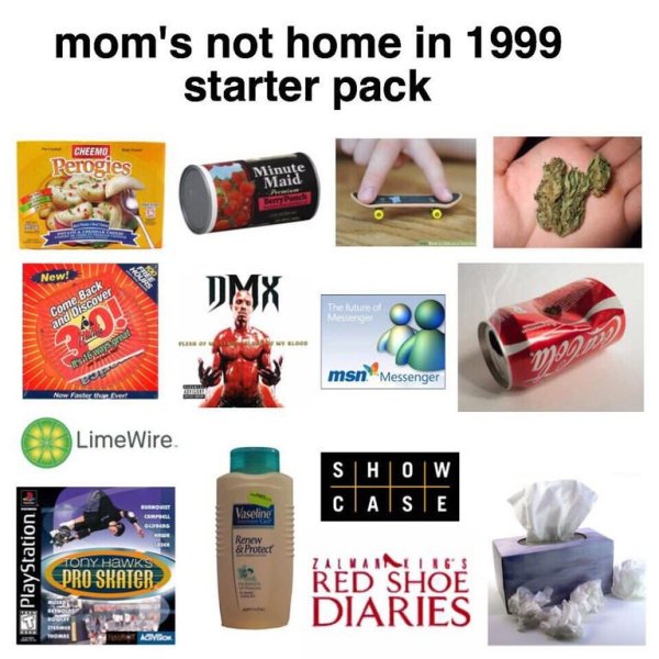 tony hawk bagel bites - mom's not home in 1999 starter pack Cheemo Perogies Minute Maid New! Dmx Come Back and Discover msn Messenger LimeWire. Show Case Vaseline & Protect PlayStation Tony Hawks Pro Skater Lalmaine Lies Red Shoe Diaries