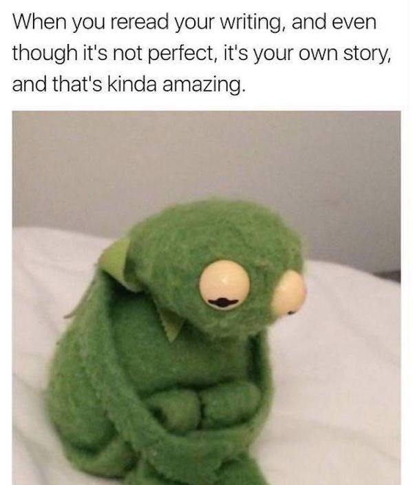 wholesome meme about memes kermit - When you reread your writing, and even though it's not perfect, it's your own story, and that's kinda amazing.