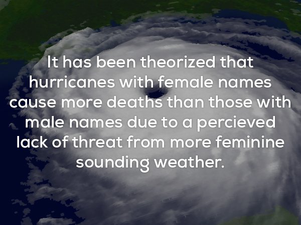 atmosphere - It has been theorized that hurricanes with female names cause more deaths than those with male names due to a percieved lack of threat from more feminine sounding weather.