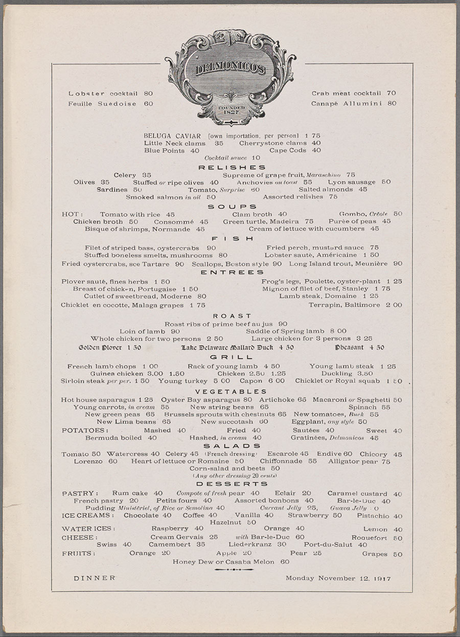 Delmonico’s Menu, New York City, November 12, 1917