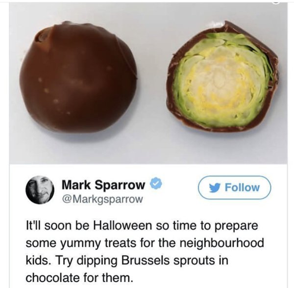 chocolate brussel sprouts - Mark Sparrow y It'll soon be Halloween so time to prepare some yummy treats for the neighbourhood kids. Try dipping Brussels sprouts in chocolate for them.