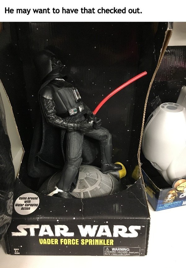 wtf thrift store find action figure - He may want to have that checked out. Soins Around Wita Water Spraying Action Cuader Force Swars Vader Force Sprinkler. Choking Havaro Small A Warning Not lon dra yours