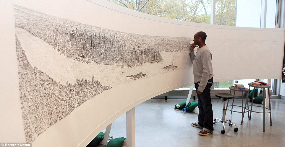 Autistic artist draws 18ft picture of New York, after taking 20 minute helicopter ride over city