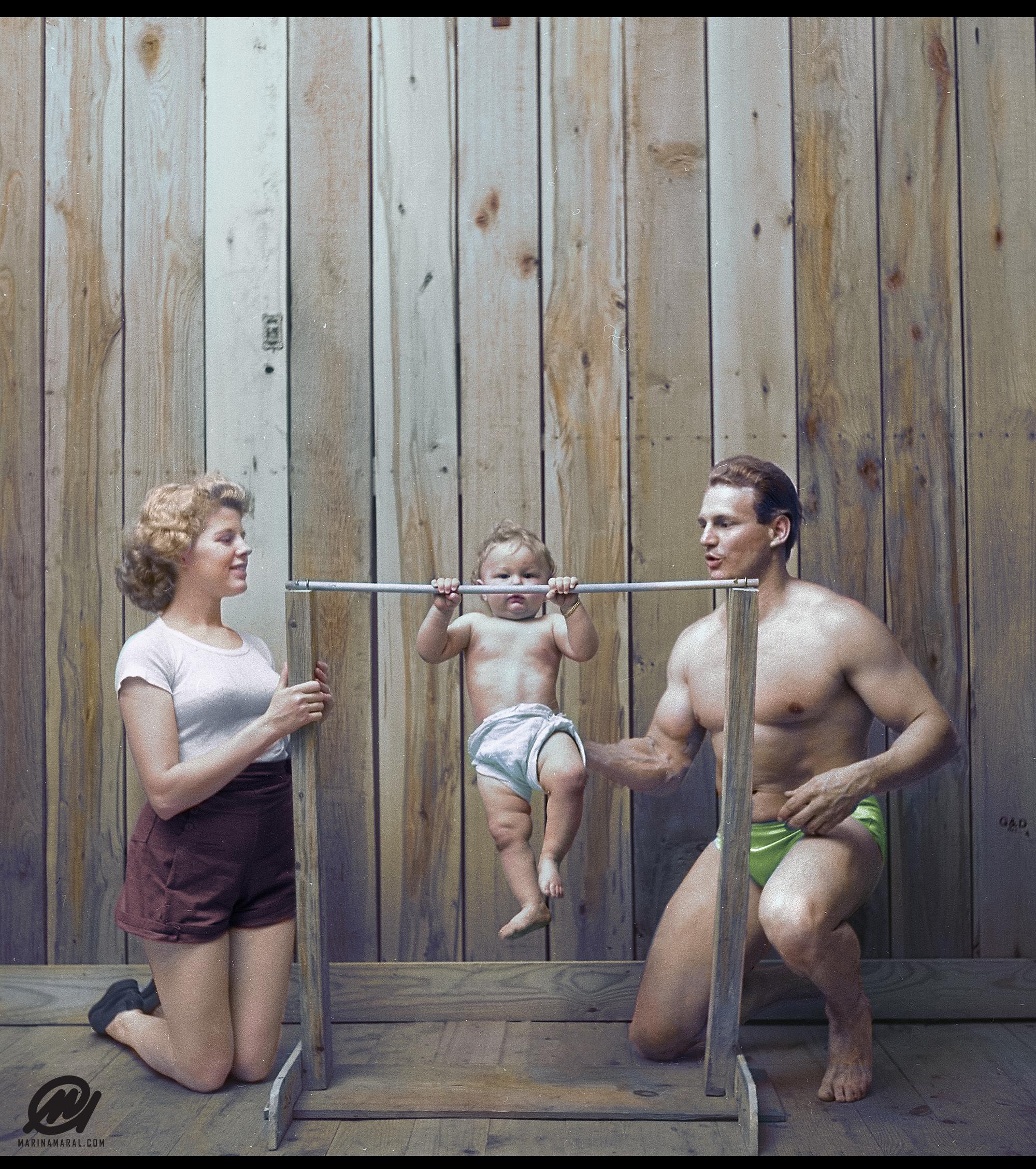 Bodybuilder Gene Jantzen with wife Pat, and eleven-month-old son Kent, 1947