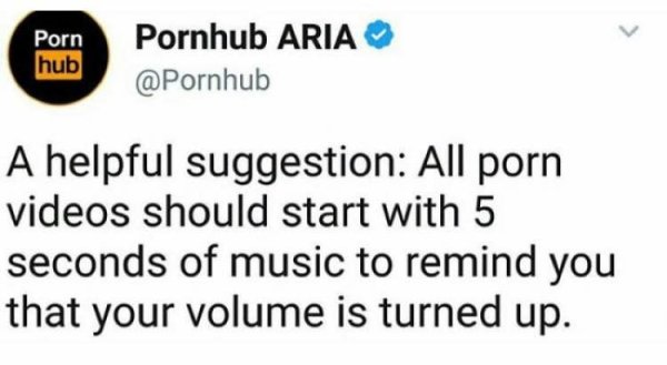 Porn hub Pornhub Aria A helpful suggestion All porn videos should start with 5 seconds of music to remind you that your volume is turned up.