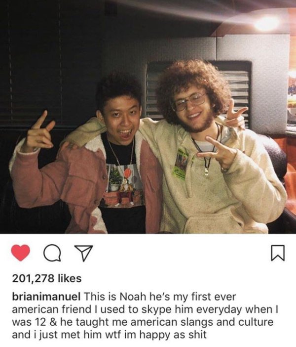 rich brian tweets - a o 201,278 brianimanuel This is Noah he's my first ever american friend I used to skype him everyday when I was 12 & he taught me american slangs and culture and i just met him wtf im happy as shit