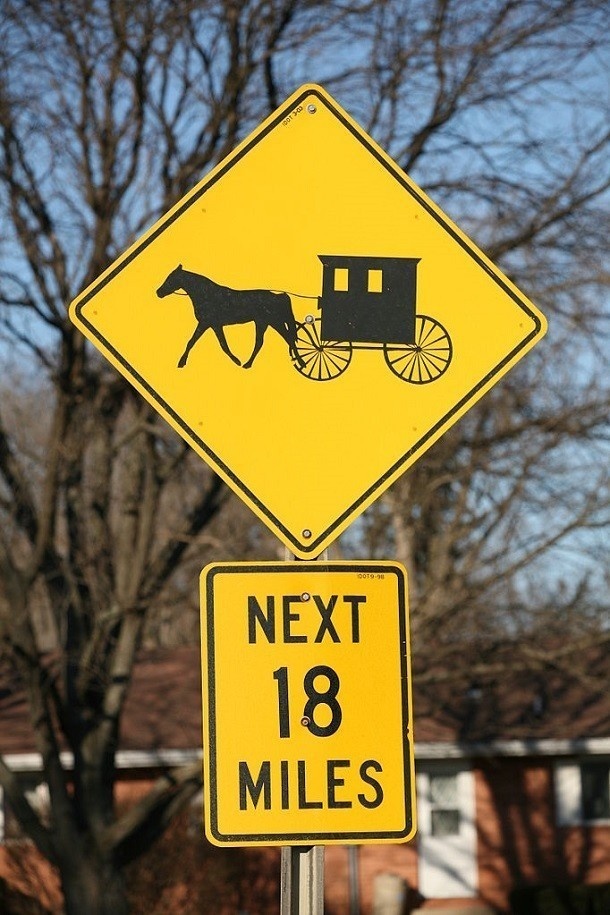 The Amish do not use vehicles. Instead, they rely on the old-fashioned horse and buggy. You can even find the street sign depicting this form of transportation. Members of the community depend on each other in their daily lives, therefore, a car would serve as a hindrance. If one owned a car, then that member would no longer need his fellow member's help.