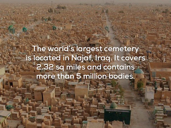 archaeological site - The world's largest cemetery is located in Najaf, Iraq. It covers 2.32 sq miles and contains more than 5 million bodies.