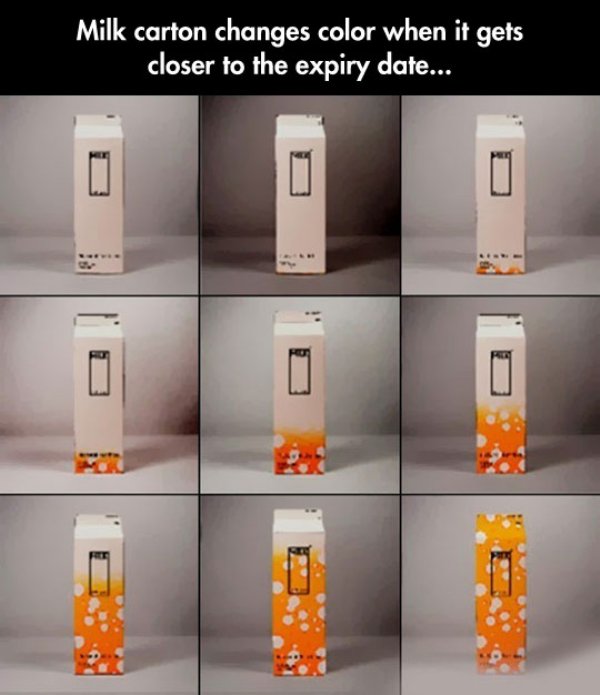 color changing milk carton - Milk carton changes color when it gets closer to the expiry date...