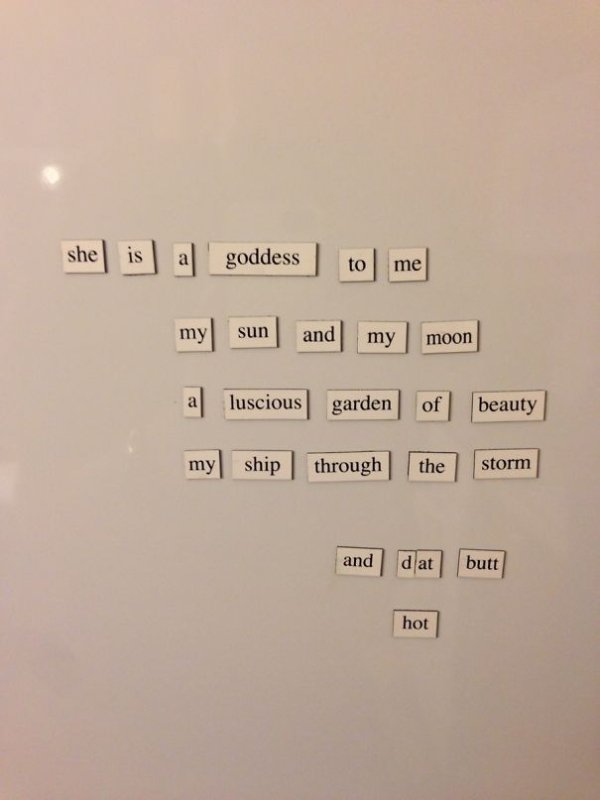 “My wife didn’t appreciate my fridge magnet poem.”