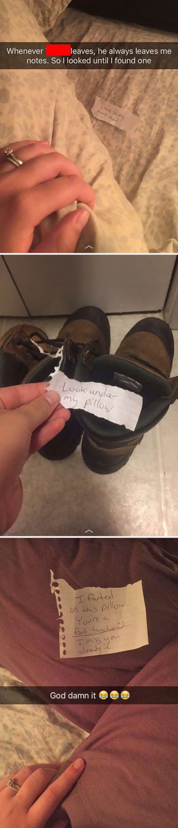 “My husband always leaves me notes when he has to leave town for work.”