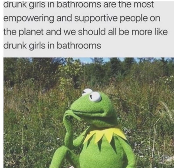 kermit contemplating - drunk girls in bathrooms are the most empowering and supportive people on the planet and we should all be more drunk girls in bathrooms