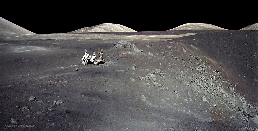 Harrison Schmitt with the lunar rover at Shorty Crater