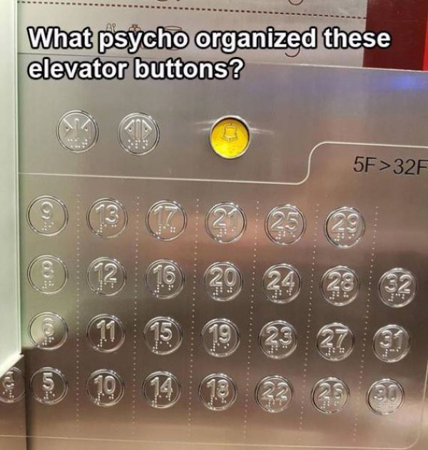 fail earth day symbol - What psycho organized these elevator buttons? 5F>32F 0 00