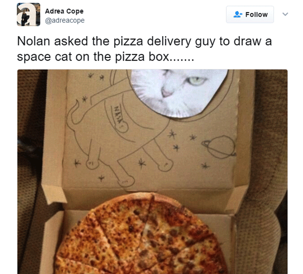 pizza delivery special requests - Adrea Cope Nolan asked the pizza delivery guy to draw a space cat on the pizza box.......
