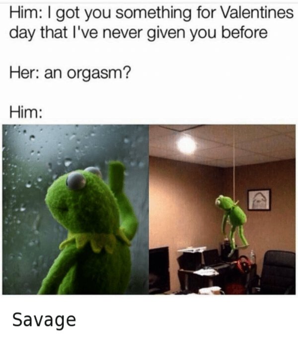 hanging meme - Him I got you something for Valentines day that I've never given you before Her an orgasm? Him Savage
