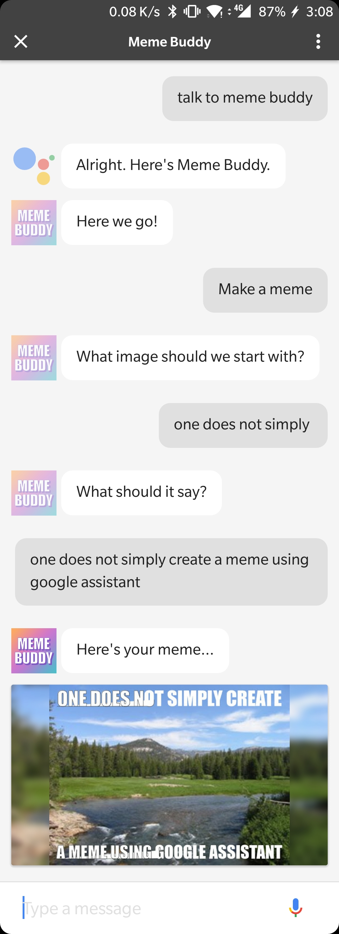 one does not simply make a meme - 8 75 0.08 Kas O Meme Buddy talk to meme buddy Alright. Here's Meme Buddy Mente Duuuy Here we go! Malce a meme What image should we start with? one does not simply Hody What should it say? one does not simply create a meme