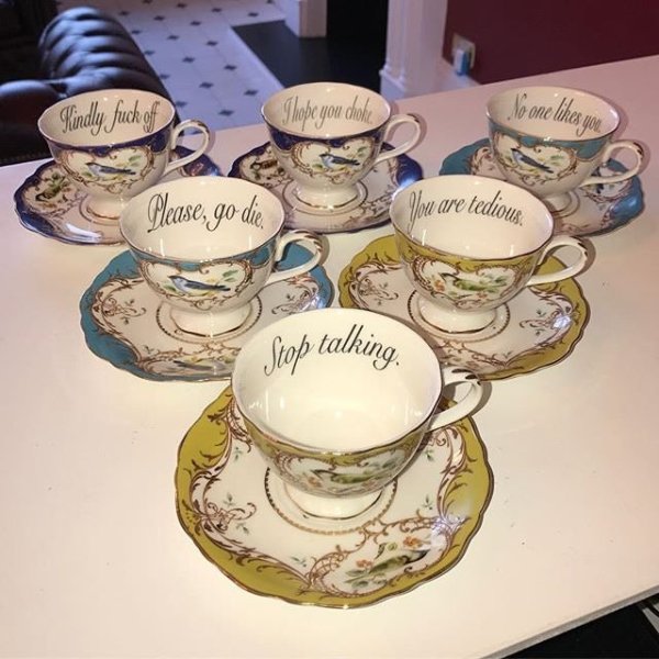 insult teacups - Kindly fuck of lope you choko Please, go die ow are tedioue Stop talking