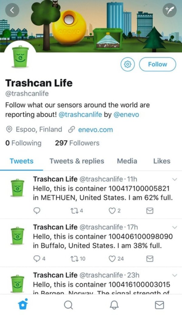 screenshot - @ Trashcan Life what our sensors around the world are reporting about! by Espoo, Finland enevo.com O ing 297 ers Tweets Tweets & replies Media Trashcan Life . 11h Hello, this is container 100417100005821 in Methuen, United States. I am 62% fu