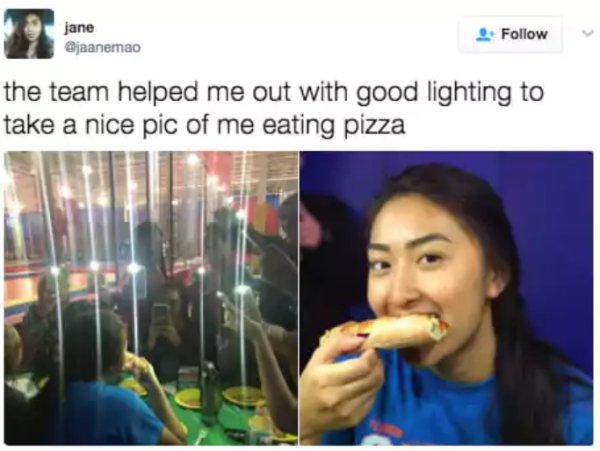 video - jane the team helped me out with good lighting to take a nice pic of me eating pizza