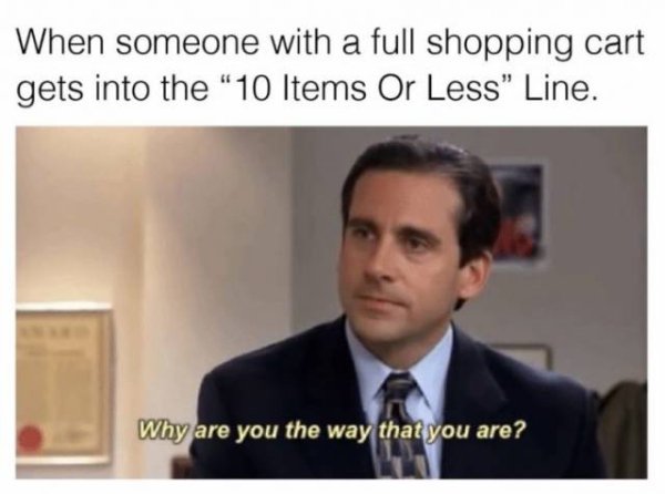 sibling memes - When someone with a full shopping cart gets into the 10 Items Or Less" Line. Why are you the way that you are?