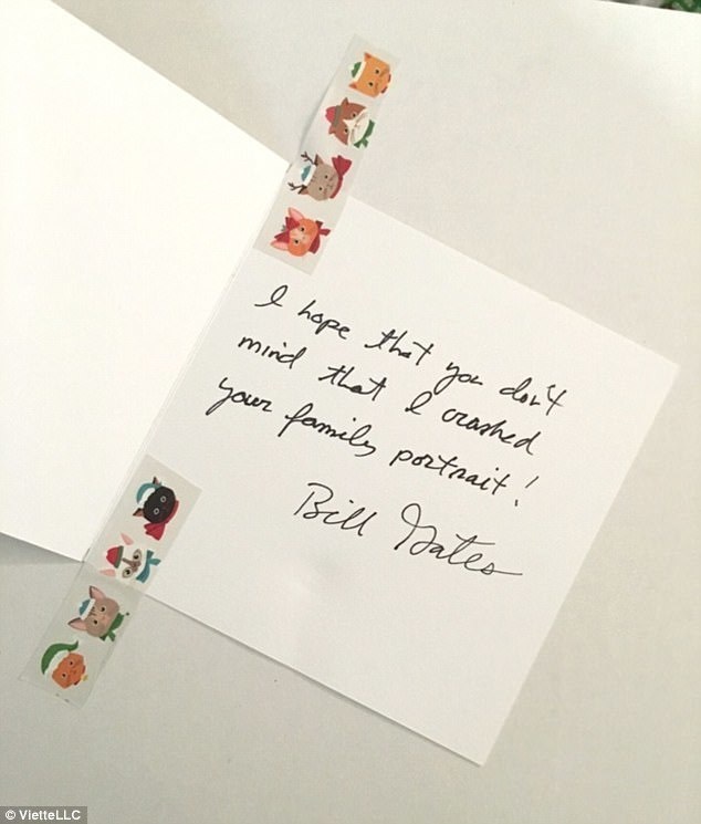 What kind of Secret Santa would Bill Gates have been if he didn't include a Christmas card?

Aside from some amazing presents, he included some kitty stickers on the card, and a message that read, "I hope that you don't mind that I crashed your family portrait!"