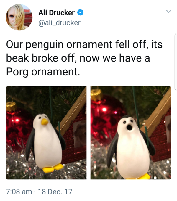 porg penguin - Ali Drucker Our penguin ornament fell off, its beak broke off, now we have a Porg ornament. 18 Dec. 17
