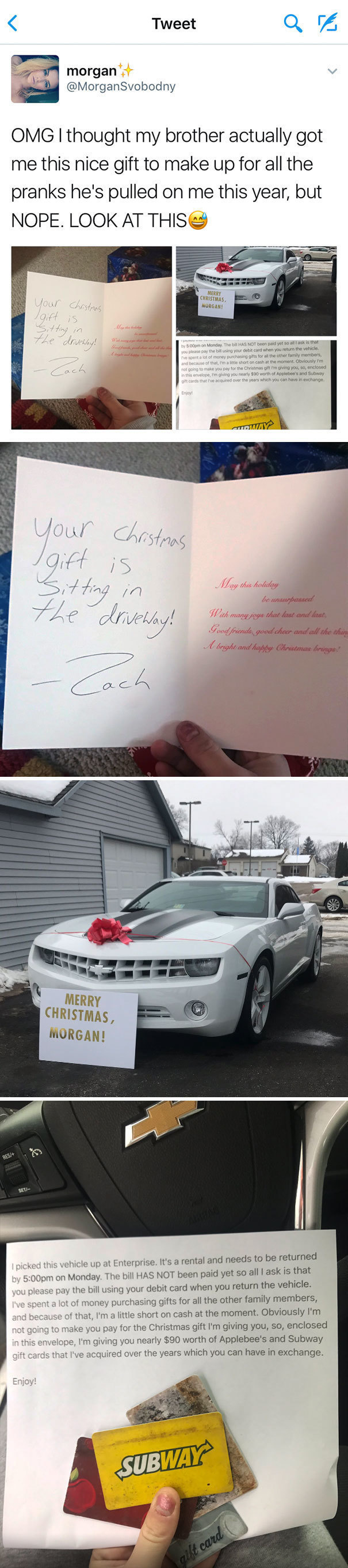 christmas troll subway - Tweet Tweet morgan Omg I thought my brother actually got me this nice gift to make up for all the pranks he's pulled on me this year, but Nope. Look At This Merry Christmas Morgan! Your Christmas gift is Sitting in the driveway! b