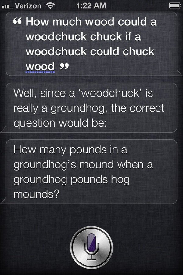 woodchuck siri tongue twisters - ..... Verizon 66 How much wood could a woodchuck chuck if a woodchuck could chuck wood Well, since a 'woodchuck' is really a groundhog, the correct question would be How many pounds in a groundhog's mound when a groundhog 