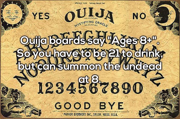 cash - Willam Pued Tag beard Set Yes No Goracle Oves Ouija No Ouljaboards Gayi Ages 81 Wystifying O unoedo 1234567890 Good Bye Parker Brothers Inc. Salem, Mass, Usa.