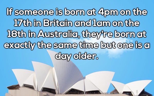 shower thoughts clean - If someone is born at 4pm on the 17th in Britain and lam on the 18th in Australia, they're born at exactly the same time but one is a day older.