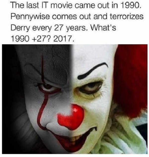 coincidence bill skarsgård tim curry pennywise - The last It movie came out in 1990. Pennywise comes out and terrorizes Derry every 27 years. What's 1990 27? 2017