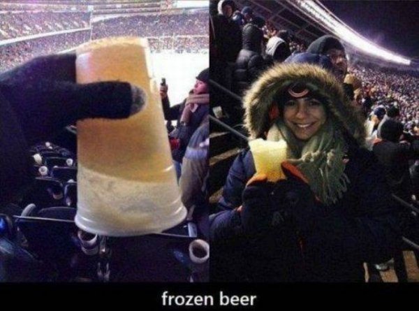 wear to cold football game - frozen beer