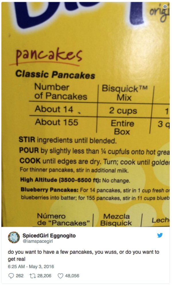 pancake recipe meme wuss - pancakes Classic Pancakes Number | BisquickTM of Pancakes Mix About 14, 2 cups About 155 Entire Box Stir ingredients until blended. Pour by slightly less than 74 cupfuls onto hot grea Cook until edges are dry. Turn; cook until g