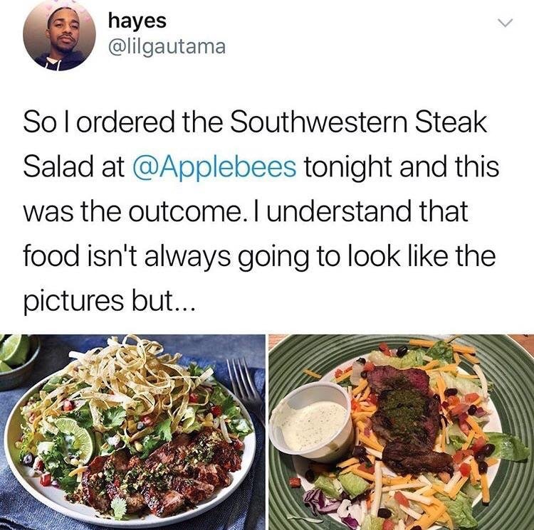 expectation vs reality applebees steak salad meme - hayes So I ordered the Southwestern Steak Salad at tonight and this was the outcome. I understand that food isn't always going to look the pictures but...