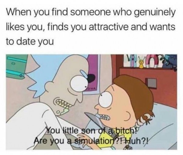 rick and morty simulation meme - When you find someone who genuinely you, finds you attractive and wants to date you You little son of a bitch Are you a simulation?! Huh?