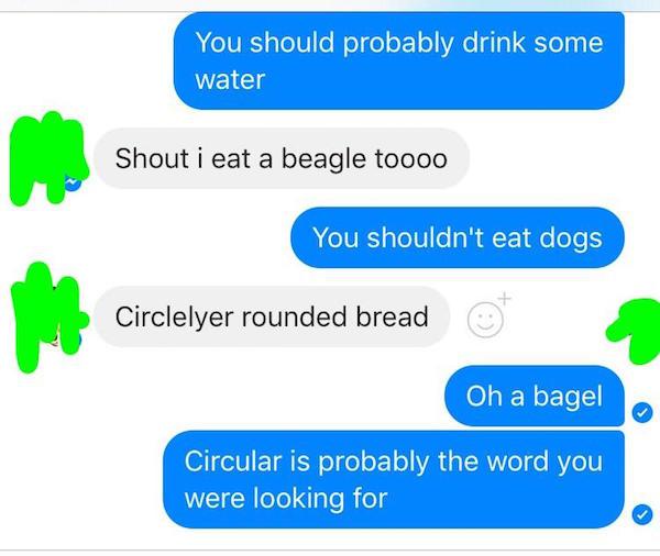learning - You should probably drink some water Shout i eat a beagle toooo You shouldn't eat dogs Circlelyer rounded bread Oh a bagel Circular is probably the word you were looking for