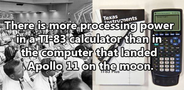 cool fact calculators then and now - Texas There is more processing power in a Ti83 calculator than in the computer that landed Apollo 11 on the moon. 6000