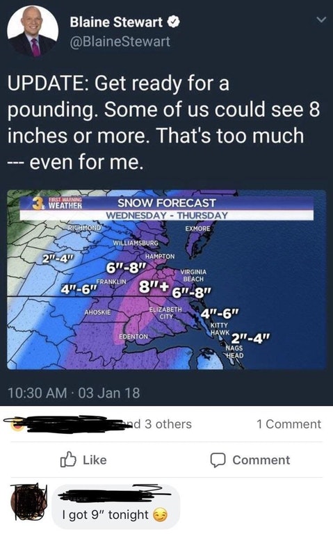 accidental comedy - Blaine Stewart Stewart Update Get ready for a pounding. Some of us could see 8 inches or more. That's too much even for me. 3 Weather Snow Forecast Wednesday Thursday Ehirondi Exmore Williamsburg 2"4w Hampton 6"8" Beach Virginia Frankl