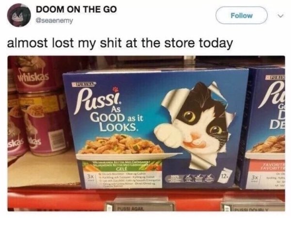 dank new year memes - Doom On The Go almost lost my shit at the store today whiskas Npurin Purina Pussi. As Good as it Looks ska cas Pusagai