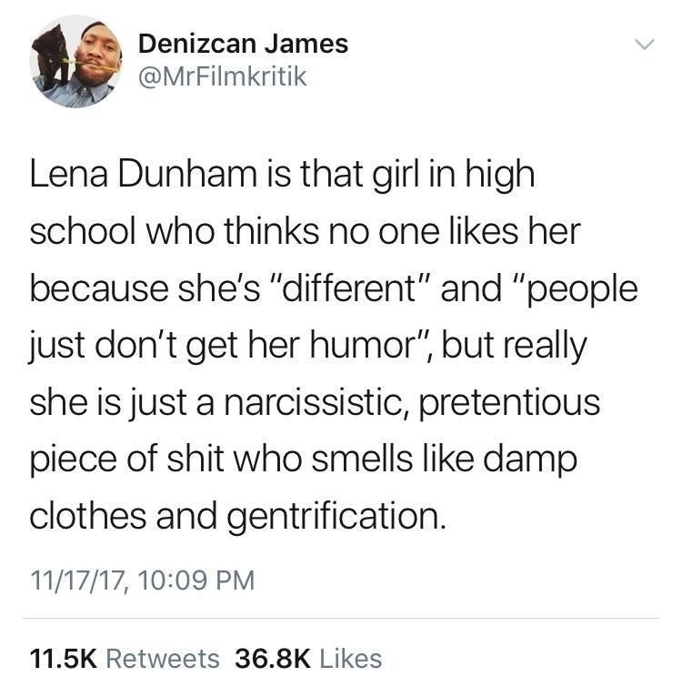 shane dawson tweet - Denizcan James Lena Dunham is that girl in high school who thinks no one her because she's "different" and "people just don't get her humor", but really she is just a narcissistic, pretentious piece of shit who smells damp clothes and