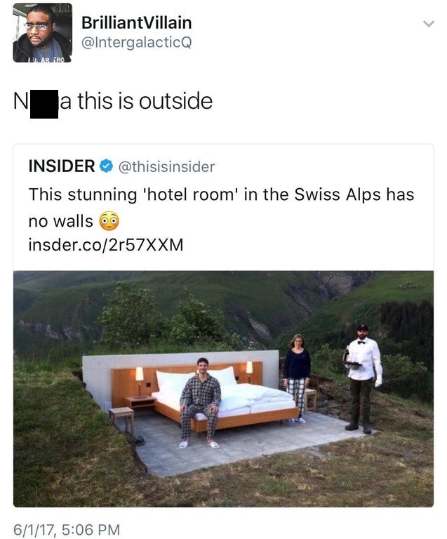 swiss alps hotel room with no walls - BrilliantVillain N a this is outside Insider This stunning 'hotel room' in the Swiss Alps has no walls 60 insder.co2r57XXM 6117,