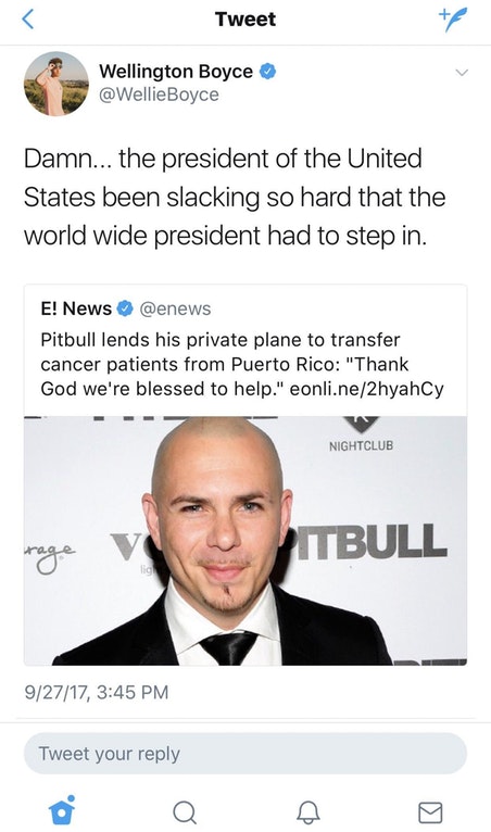 pitbull president meme - Tweet Wellington Boyce Boyce Damn... the president of the United States been slacking so hard that the world wide president had to step in. E! News Pitbull lends his private plane to transfer cancer patients from Puerto Rico "Than
