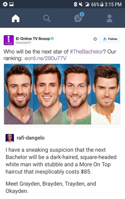 bachelor meme okayden - & 2 66% E! Online Tv Scoop DeonlineTV 2. Tv Sloop Who will be the next star of ? Our ranking eonli.ne290u77V rafidangelo I have a sneaking suspicion that the next Bachelor will be a darkhaired, squareheaded white man with stubble a