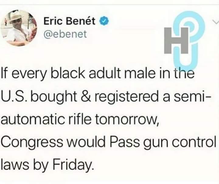 document - Eric Bent If every black adult male in the U.S. bought & registered a semi automatic rifle tomorrow, Congress would Pass gun control laws by Friday