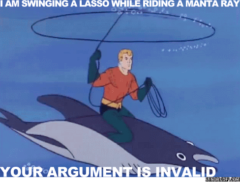 cartoon - I Am Swinging A Lasso While Riding A Manta Ray Your Argument Is Invalid Sendroreigom