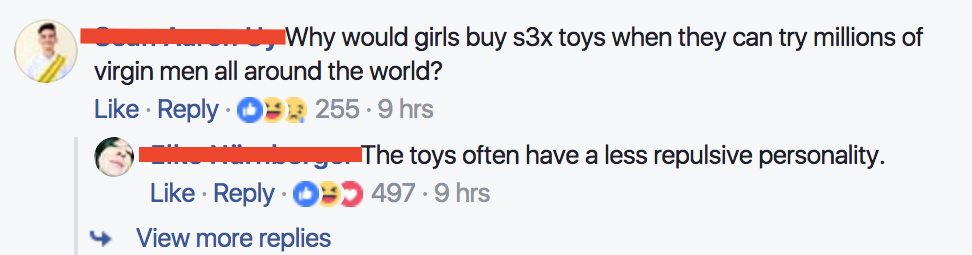 sick burns - Why would girls buy s3x toys when they can try millions of virgin men all around the world? . 09. 255. 9 hrs The toys often have a less repulsive personality. 497 9 hrs 4 View more replies