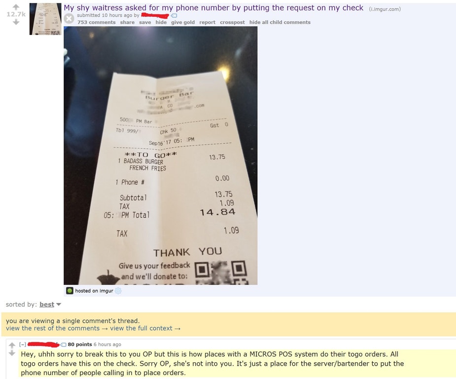 waitress phone number on receipt - My shy waitress asked for my phone number by putting the request on my check i.imgur.com submitted 10 hours ago by 753 save hide give gold report crosspost hide all child irger Bar 500 Pm Bar Tbl 999 Gst 0 chk 50 Sep 16'