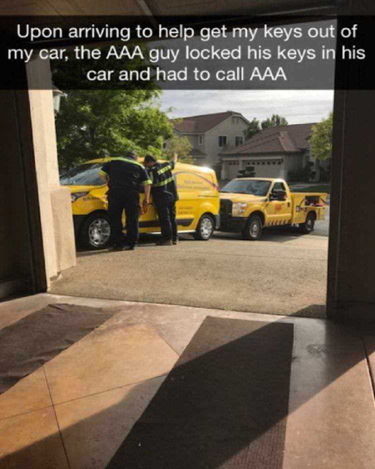 aaa locked keys in car - Upon arriving to help get my keys out of my car, the Aaa guy locked his keys in his car and had to call Aaa